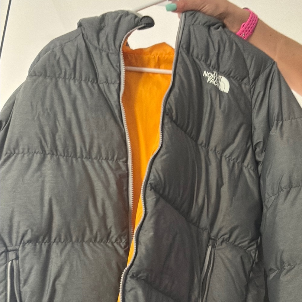 The North Face Charcoal Jacket with Bright Orange Lining